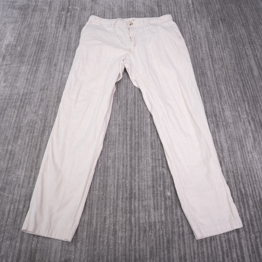 Uniqlo Linen Blend Pants Mens L Beige Excellent Drawstring Straight Leg Trousers